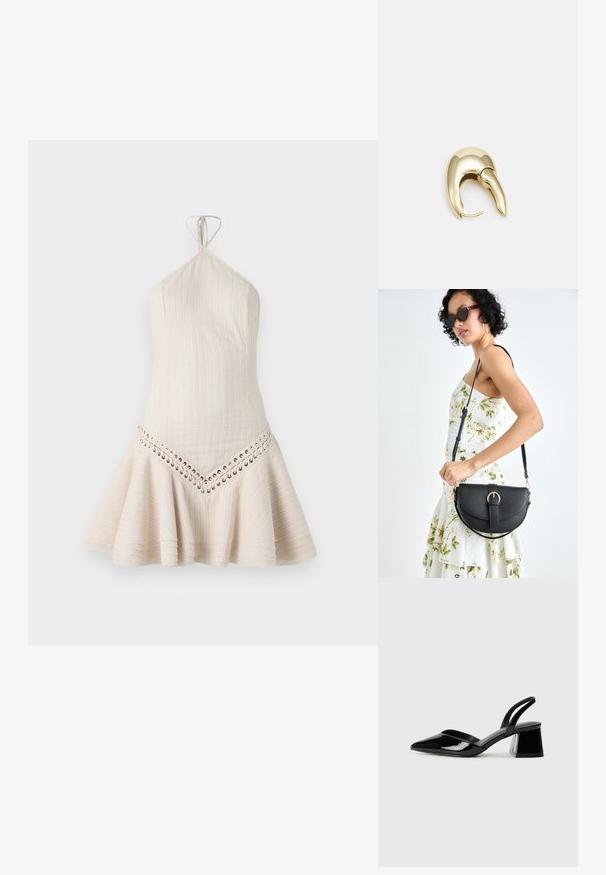 Īss, halter-stila kleita gaiši bēšā audumā, ar vertikālu ribu struktūru un aukliņu detaļu ap apakšmalu. Ar izplestu svārku dizainu.; Melna lakota āda ar atvērto papēdi, ar smailu purngalu un ģeometrisku blokpapēdi. Iezīmējas elegants, minimāls dizains un gluda tekstūra.; Melnas ādas rokassoma ar izliekta formu, noņemamu siksnu un zelta aksesuāriem. Somai ir vāciņš ar sprādzes detaļu.; Zeltīti metāla auskari ar gludu, izliekta dizaina. Ar atšķirīgu smailu formu, pulētu virsmu un eņģu aizdari.