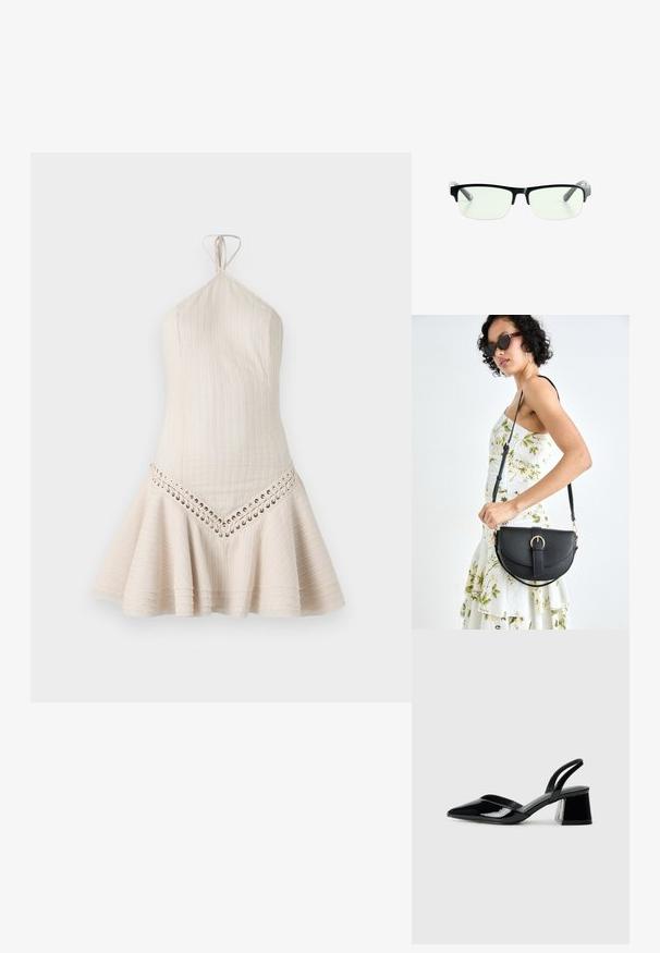 Rochie scurtă cu guler halter dintr-un material bej deschis, prezentând o textură riblată vertical și detalii cu șireturi la tiv. Design cu fustă evazată.; Pantofi cu toc slingback din piele lacuită neagră, cu vârf ascuțit și toc geometric. Prezintă un design elegant, minimalist și o textură netedă.; Ochelari de vedere rectangulari negri, cu lentile clare, având rame negre elegante și vârfuri de brad transparente gri. Design minimalist, fără marcaje vizibile.; Geantă din piele neagră, cu o formă curbată, curea detașabilă și accesorii aurii. Geanta are un capac cu un detaliu tip cataramă.