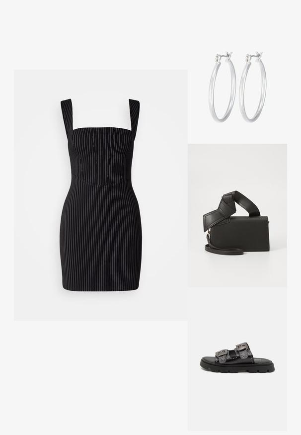 Melnas kleitas ar baltām vertikālām svītrām, kvadrātveida kakla izgriezums, platām siksnām, pieguļoša vidusdaļa un izpletušies svārki. Gluda tekstūra, līdz ceļgaliem.; Melnas sandales ar divām platām siksnām, kuras rotā dekoratīvas kniedes un izstrādātas ar detaļu sprādzēm, novietotas uz izturīgas teksturētas gumijas zoles.; Melnas ādas soma ar taisnstūra formu, ar unikālu mezglotu rokturi un atjaukamu plecu siksnu. Gluda tekstūra un minimāls šuvju skaits.; Sudraba riņķveida auss gredzeni ar gludu, pulētu apdari. Apaļa forma un drošs klikšķa augšējais slēgums. Viegls dizains, kas piemērots ikdienas valkāšanai.