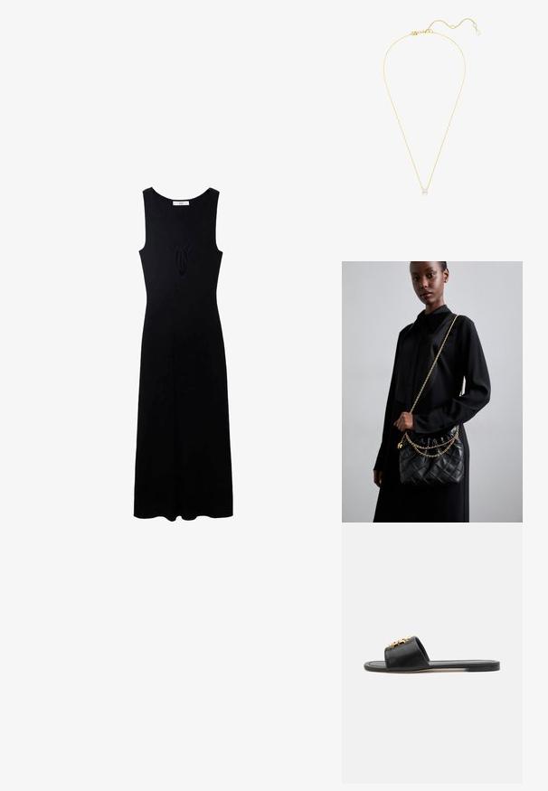 Abito nero senza maniche con scollatura a V, con un dettaglio di fiocco sul davanti e una silhouette fluida a A. Realizzato in un tessuto liscio.; Sandali in pelle nera a scivolo con punta aperta, suola piatta e un accento decorativo dorato sulla parte superiore. Texture liscia con design minimale.; Borsa a tracolla in pelle nera trapuntata con apertura arricciata, tracolla in catena dorata e forma rettangolare, appoggiata su uno sfondo semplice.; Collana in oro con un pendente a forma di diamante singolo, caratterizzata da un design delicato e una catena testurizzata, lunghezza regolabile, brilla sotto la luce.