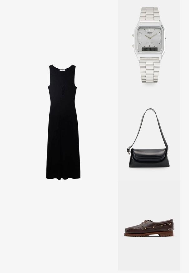 Schwarzes ärmelloses Kleid mit V-Ausschnitt, das eine Schleifendetail an der Vorderseite und eine fließende A-Linie-Silhouette aufweist. Hergestellt aus einem glatten Stoff.; Braune Lederbootsschuhe mit goldenen Ösen, runden Schnürsenkeln und einer strukturierten braunen Gummisohle. Verfügt über genähte Details und ein erhabenes Logo.; Schwarze Lederhandtasche mit strukturiertem Design, glatter Textur und einem einzelnen Schulterriemen. Verfügt über ein dezentes, abgerundetes Klappendesign.; Silberne Casio Quarzuhr mit rechteckigem Ziffernblatt, analogem und digitalem Display, Edelstahlarmband und wasserdichten Eigenschaften.