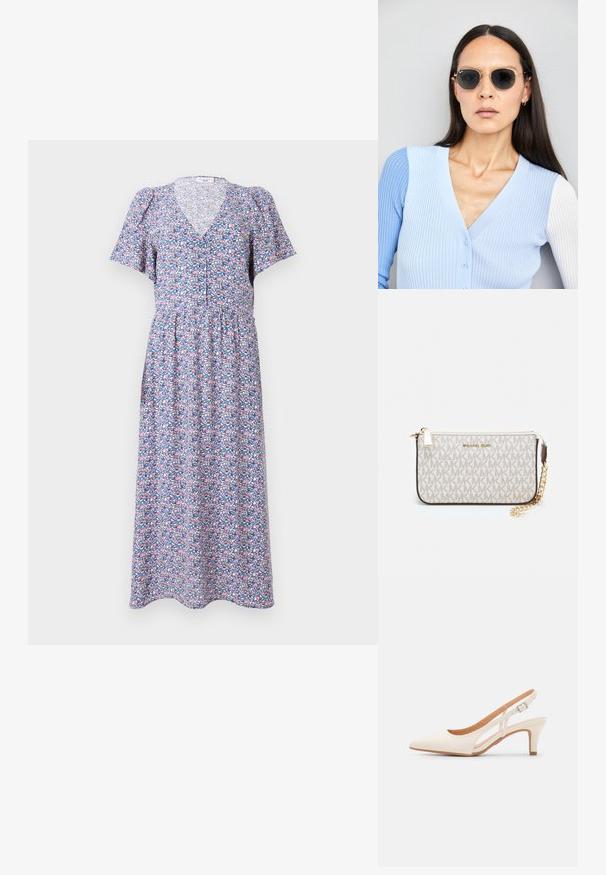 Blomstrete midi-kjole med V-hals, korte pufferm og en tettsittende liv. Har et fargerikt print på en lys blå bakgrunn.; Hvit slingback-hel med spiss tå, glatt overmateriale, lav blokkhelt, og cut-out-design på siden med justerbar spenne.; Runde solbriller med mørke linser og guldrammer. Modellen har en lyseblå, ribbet cardigan med knapper og kontrast hvide ærmer på.; Michael Kors håndleddsveske i beige belagt kanvas med et gjentakende MK-logo mønster, gullfarget maskinvare og en avtakbar kjede-rem.