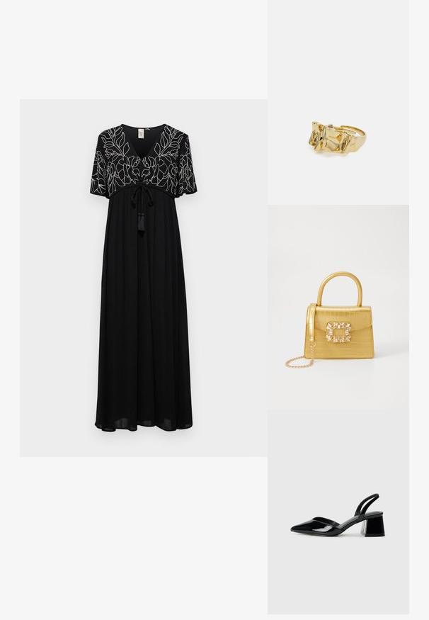 Czarna maxi sukienka z krótkimi rękawami, dekoltem w kształcie litery V i szczegółowym białym haftem w kwiaty. Wykończona sznurkiem i frędzlami.; Czarne lakierowane półbuty na obcasie z wydłużonym noskiem i geometrycznym słupkiem. Charakteryzują się eleganckim, minimalistycznym designem oraz gładką fakturą.; Żółta torebka z faux-krokodylka o wyrafinowanej konstrukcji, z górnym uchwytem, odpinanym łańcuszkiem oraz dekoracyjnym kryształowym zdobieniem na zapięciu.; Złoty pierścionek o teksturowanym, falistym wzorze z trzema wyraźnymi szczytami. Gładka, błyszcząca powierzchnia z otwartą obrączką dla regulowanego dopasowania.