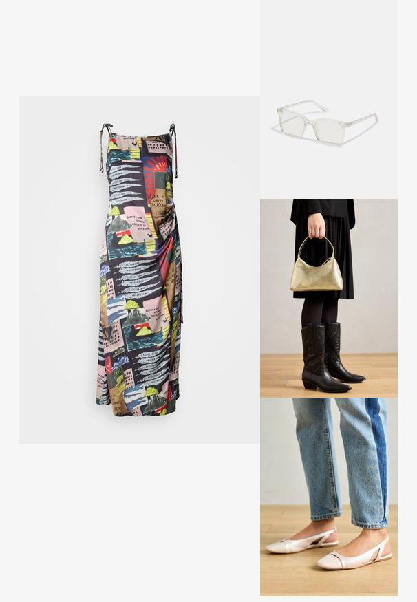 Maxikjole i let stof med et flerfarvet print af abstrakte designs og tekst. Justerbare stropper for en tilpasset pasform.; Lys rosa slingback leiligheter med spiss tå, laget av et glatt, læraktig materiale. Har utskjæringer på sidene og lav hæl.; Klare plastiske briller med kvadratisk innfatning og gjennomsiktige linser, med gullfiner på brillestengene for ekstra detalj.; Gullfarget håndveske med buet form og kort håndtak, holdt av en person iført et svart plisserte skjørt og svarte lær cowboystøvler.