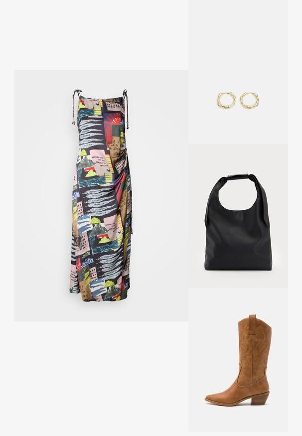 Maksimaliai ilga suknelė iš lengvos medžiagos, dekoruota daugi spalviu abstrakčių raštų ir tekstų printu. Reguliuojamos petnešos leidžia pritaikyti suknele pagal savo poreikius.; Ruda odinė kantri batai su smailiu būtų pirštu, siuvinėtais spiralės raštais ant viršaus ir su kamščiu blokuotu kulnu. Yra tamprių užtraukių, kad būtų lengviau užsidėti.; Juoda odinė hobo tipo rankinė su viena minkšta, apvalia rankena; pasižymi lygiu paviršiumi ir minimalizmu. Nėra matomų detalių ar akcentų.; Aukso žiedo auskarai su tekstūruotu, netaisyklingu paviršiumi. Yra be siūlių užsegimas ir poliruotas paviršius, akcentuojantis modernų dizainą.