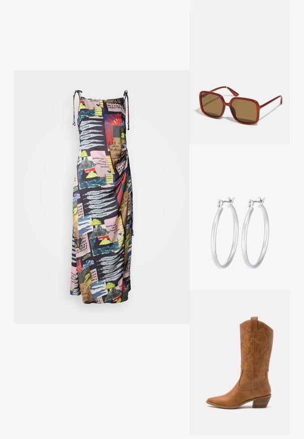 Maxi-jurk van lichtgewicht stof, met een multicolorprint van abstracte ontwerpen en tekst. Verstelbare banden voor een aanpasbare pasvorm.; Tan leren cowboylaars met puntige neus, geborduurde spiraalpatronen op de schacht en een gestapelde blokhak. Voorzien van een trekband voor gemakkelijke aan- en uittrekken.; Rode vierkante zonnebril met bruin getinte lenzen. Dikke, glanzende monturen en slanke armen met kleine details aan de zijkant voor visuele interesse.; Zilveren oorbellen in de vorm van een gladde, gepolijste ring. Ronde vorm met een veilige kliksluiting. Lichtgewicht ontwerp, geschikt voor dagelijks gebruik.