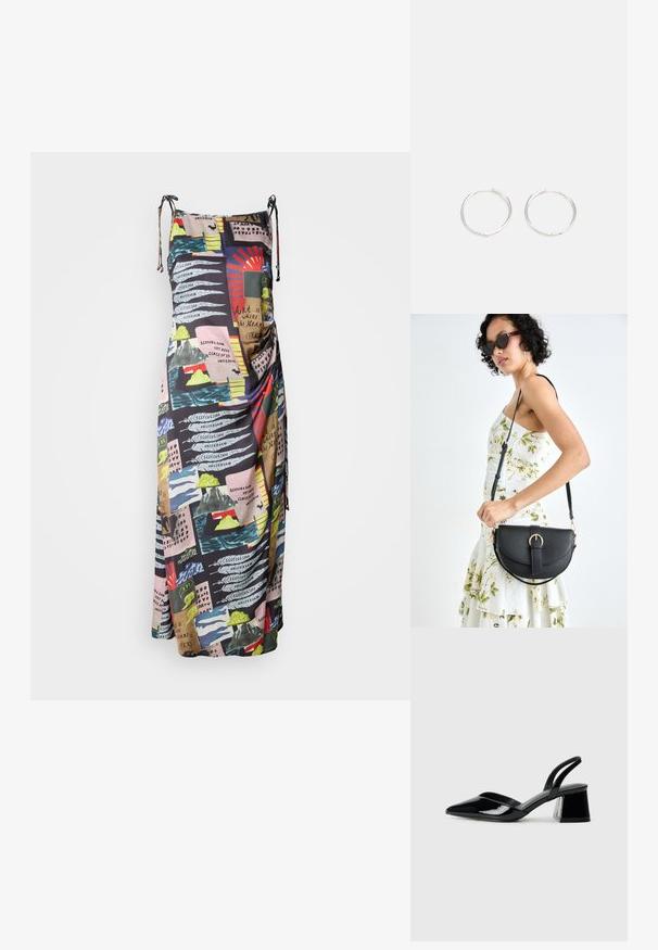 Robe maxi en tissu léger, dotée d'un imprimé multicolore de motifs abstraits et de texte. Bretelles ajustables pour un ajustement personnalisable.; Escarpins en cuir verni noir avec bout pointu et talon bloc géométrique. Présente un design élégant et minimaliste ainsi qu'une texture lisse.; Sac à main en cuir noir avec une forme courbée, bandoulière amovible et des accessoires en or. Le sac est doté d'un rabat avec un détail de boucle.; Boucles d'oreilles en argent avec un design rond et épuré, présentant une surface lisse et sans embellissements visibles. Diamètre non spécifié.