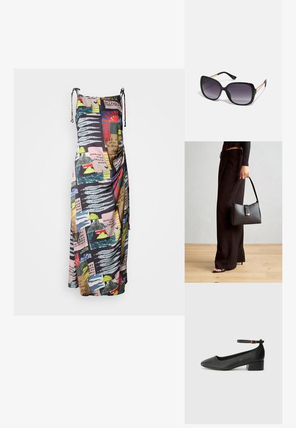 Robe maxi en tissu léger, dotée d'un imprimé multicolore de motifs abstraits et de texte. Bretelles ajustables pour un ajustement personnalisable.; Escarpin en cuir noir avec un bout pointu et un petit talon bloc. Doté d'une bride de cheville avec une boucle dorée. Texture lisse.; Lunettes de soleil noires surdimensionnées avec des verres dégradés, monture épaisse et détails en chaîne dorée sur les branches.; Sac à main noir à la forme structurée, texture lisse et fermoir métallique. Associé à un pantalon noir ample et des sandales ouvertes sur un sol en bois.