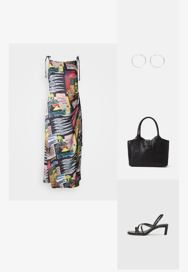 Maxi dress in lightweight fabric, featuring a multicolor print of abstract designs and text. Adjustable straps for a customizable fit.; Black strappy sandal with a square toe and a low block heel. Features multiple thin straps and an adjustable ankle strap. Made of smooth leather.; Black leather tote bag with smooth texture, structured shape, two handles, and a prominent silver buckle detail on the front.; Silver hoop earrings with a sleek, round design, featuring a smooth surface and no visible embellishments. Diameter not specified.
