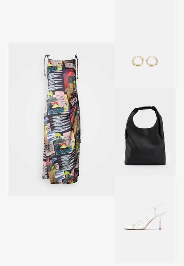 Maxi šaty z lehkého materiálu, s vícerozměrnou potiskem abstraktních vzorů a textu. Nastavitelné ramínka pro přizpůsobitelný střih.; Bílé sandály na vysokém podpatku s tenkým páskem kolem kotníku, plochou špičkou, texturovaným předním dílem s nařasenými detaily.; Černá kožená kabelka s velkým otevřeným vrchem a jedním ramenním popruhem. Měkká textura, minimalistický design, s jemnými kovovými detaily.; Zlaté kruhové náušnice s texturovaným, nepravidelným tvarem. Disponují bezproblémovým uzávěrem a leštěným povrchem, což zdůrazňuje moderní design.