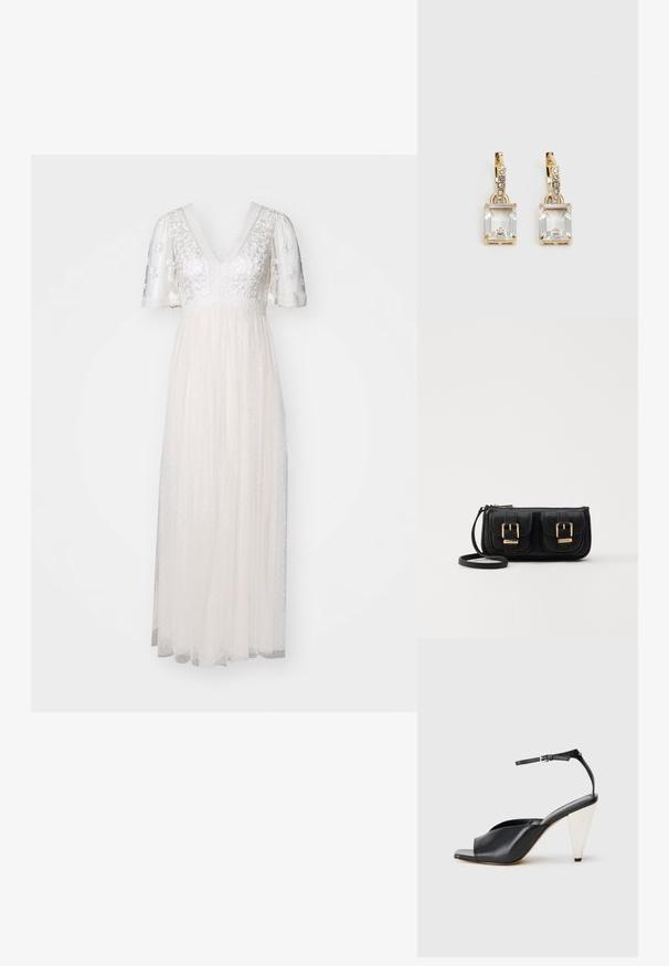 White dress featuring short, sheer sleeves, a V-neckline, embellished bodice, and a flowy, polka-dotted skirt with a layered texture.; Black leather high heel sandal with open toe, asymmetrical design, ankle strap, and a metallic cone-shaped heel. Smooth texture throughout.; Black leather crossbody bag with two front pockets, gold buckles, zipper closure, and a slim strap. Textured surface and compact rectangular shape.; Gold-tone earrings featuring a rectangular, clear crystal dangling below a row of small, round clear accents. Sleek, modern design.