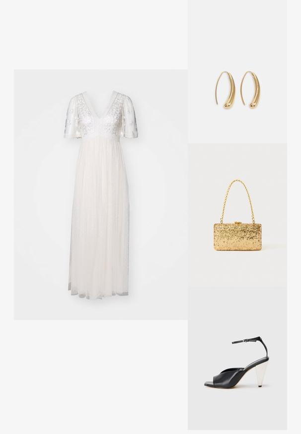 Biele šaty s krátkymi, priehľadnými rukávmi, V-výstrihom, zdobeným telom a voľnými sukňami s bodkami a viacerými vrstvami.; Čierne kožené sandále na vysokých podpätkoch s otvorenou špičkou, asymetrickým dizajnom, remienkom okolo členka a kovovým kužeľovitým podpätkom. Hladká textura po celom povrchu.; Zlatá flitrová listová taška s obdĺžnikovým tvarom, vybavená skrúteným reťazovým držadlom a kovovým uzatváraním, odrážajúca svetlo s textúrovaným povrchom.; Náušnice vo forme zlatých kovových kruhov s zakriveným, predĺženým tvarom. Majú hladký, lesklý povrch a zaoblený koniec pre pridanie detailu.