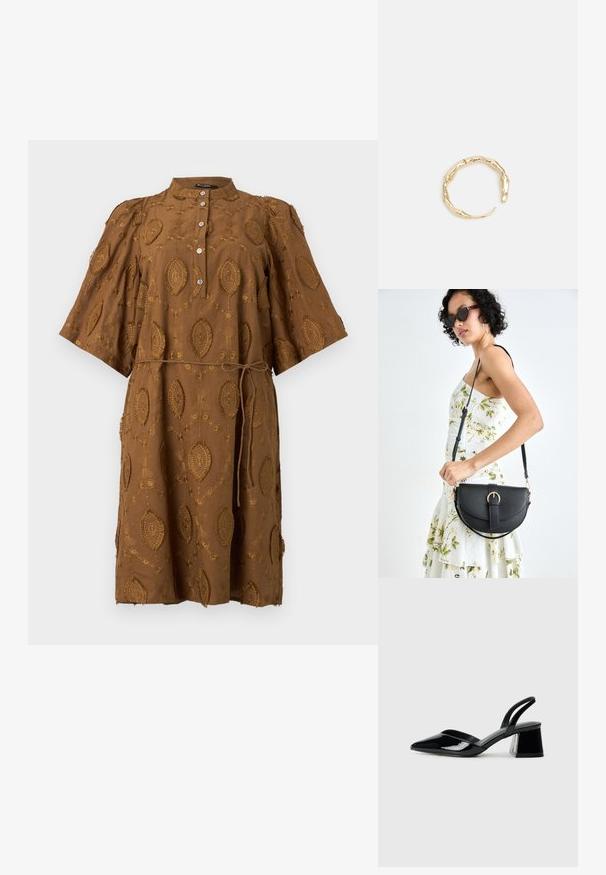 Vestido marrón bordado con cuello tipo polo, mangas cortas abullonadas y cintura ajustable con cordón. Presenta patrones ovalados y botones en la parte delantera.; Zapatos de tacón slingback de charol negro con punta afilada y tacón geométrico en bloque. Presentan un diseño elegante y minimalista, así como una textura suave.; Bolso de piel negra con forma curva, correa desmontable y herrajes dorados. El bolso cuenta con una solapa con un detalle de hebilla.; Anillo en tono dorado con un diseño orgánico y retorcido, con una textura suave y extremos cónicos, creando una apariencia moderna y escultórica.