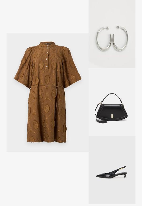 Smeđa vezeno haljina s ovratnikom, kratkim napuhanim rukavima i kaišem na vezanje u struku. Ima ovalne uzorke i dugmad duž prednje strane.; Crne kožne sandale s petom, s izduženim vrhom, imaju usku petu i zlatni akcent na podesivoj traci. Glatka tekstura.; Crna kožna torba s strukturiranim dizajnom, s krojenim oblikom, gornjom drškom i zlatnim detaljima. Uključena je podesiva ramena traka.; Srebrne kružne naušnice s glatkim, zakrivljenim dizajnom. Imaju sjajnu metalnu završnu obradu i kopču na tipku. Nema vidljivih uzoraka ili ukrasa.