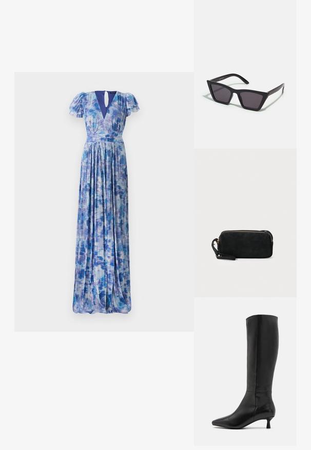 Maxi obleka v modrem gradientnem vzorcu z letečimi rokavi in globokim V-izrezom. Nabran material, mehak videz, in pas poudarja silhueto.; Zign Škornji - black; Črne, angularne sončne očala z sivimi lečami; izdelana iz plastike, imajo debele ročke z gladko površino in brez vidne opreme.; Črna semiš torbica z zadrgo in odstranljivim zapestnim trakom. Ima zlate kovinske dodatke in gladko, mat površino.