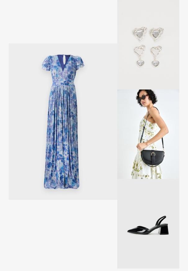 Maxikjole med blå gradientmønster, fløyelsærmer og dyp V-hals. Plisserte stoffer, myk tekstur og midje som fremhever silhuetten.; Svarte patentlær slingback hæler med spiss tå og geometrisk blokk hæl. Har et stilrent, minimalistisk design og jevn tekstur.; Svart lærveske med en buet form, avtagbar stropp og gullbeslag. Vesken har et klaff med spenne-detall.; Sølv hjerteformede øredobber har fasetterte klare steiner med en teksturert ramme. Sett inkluderer både stud- og hengende stiler.
