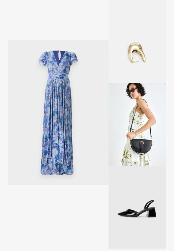 Kék gradiens mintájú maxi ruha fodros ujjal és mély V-kivágással. Plissé anyag, puha textúra, és a derék kiemeli a sziluettet.; Fekete lakk bőr szandálkés magas sarkú cipő, hegyes orral és geometrikus tömbsarkakkal. Karcsú, minimalista dizájn és sima textúra jellemzi.; Fekete bőrtáska ívelt formával, levehető pánttal és arany színű fémrészekkel. A táskán egy csattal díszített fedél található.; Aranyszínű fém fülbevaló, elegáns, ívelt formával. Különleges hegyes alak, fényes felszín és zsanéros záródás jellemzi.
