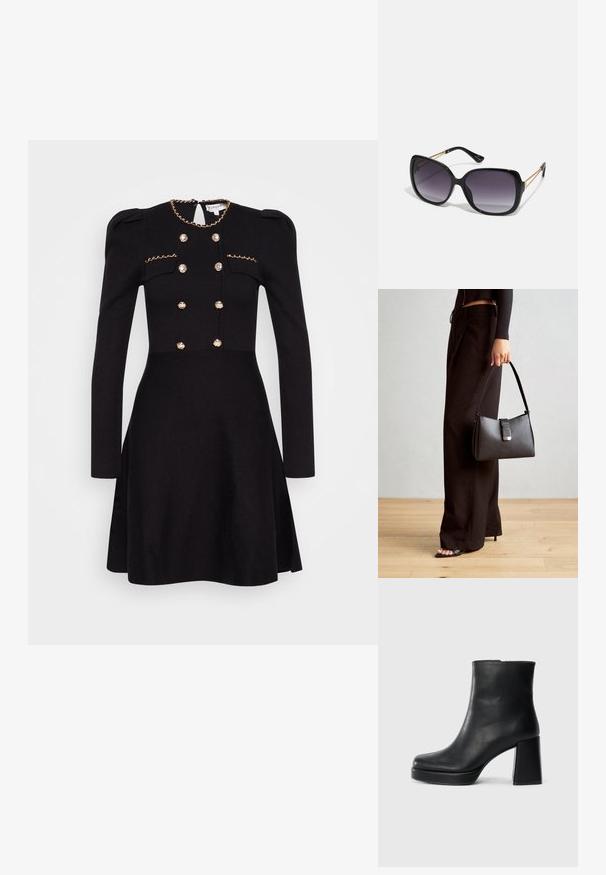 Crna haljina s dugim rukavima, dekorativni zlatni lanac na izrezu, dvostruko zatvaranje sprijeda s dugmadima presvučenim tkaninom i strukom koja je prilagođena.; Crna kožna čizma do gležnja s blok petom i platformom, prikazana s bočne strane na jednostavnoj bijeloj pozadini.; Crne prevelike sunčane naočale s gradijentnim lećama, debelim okvirom i zlatnim lancem kao detaljem na krakovima.; Crna torba s oblikom koji sadrži strukturu, glađu teksturu i metalnu kopču. Uparena s širokim crnim hlačama i sandalama na otvorenom s drvenog poda.