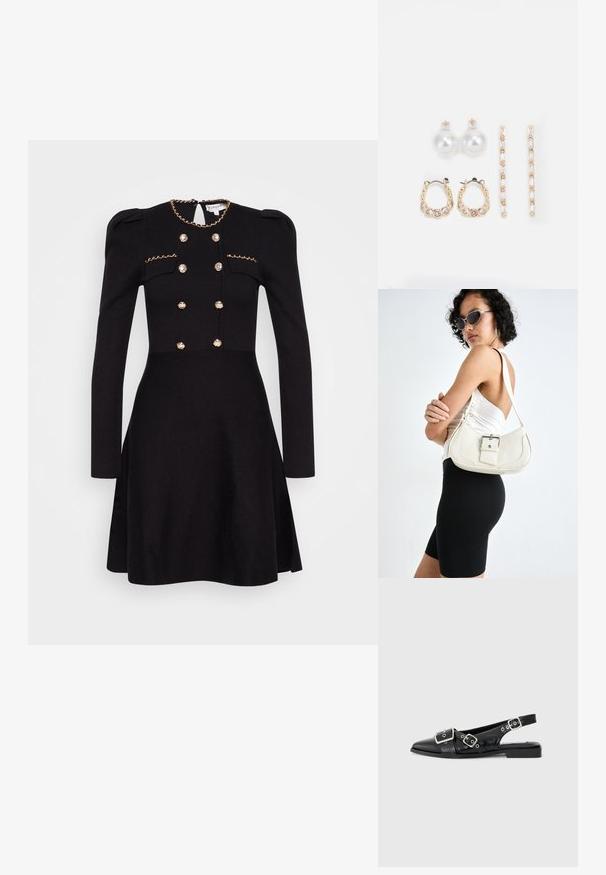Svart kjole med lange ermer, dekorativ gullkjede ved utringningen, dobbeltraded foran med stoffkledde knapper og innsnørt midje.; Svart lær slingback-sko med spiss tå, to sølvspenner og lav blokkhels. Har en strukturert overdel og åpen bak.; Hvit lær håndveske med en buet form, justerbar stropp og en liten spenne-detalj. Modellen har på seg en tettsittende svart antrekk.; Tre par øreringer: store hvite perle-stud, gullringer med klare edelstener, og to lange, rette gull-accent øreringer med glitrende detaljer.
