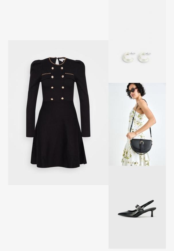 Robe noire à manches longues, chaîne dorée décorative au niveau du col, devant à double fermeture avec des boutons recouverts de tissu et taille cintrée.; Escarpins slingback en cuir verni noir avec un bout pointu et un petit talon bloc, mettant en avant un accent en boucle argentée sur la sangle.; Sac à main en cuir noir avec une forme courbée, bandoulière amovible et des accessoires en or. Le sac est doté d'un rabat avec un détail de boucle.; Boucles d'oreilles en ton argent, au design en anneau torsadé, présentant une surface texturée et des détails nervurés, sécurisées par une fermeture à tige.