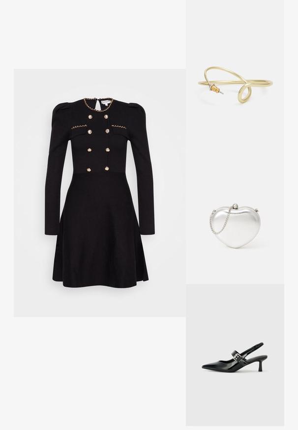 Must mustriga musta kleit, millel on pikad varrukad, dekoratiivne kuldne ketti kaeluses, topelt-nupuline esiosa, millel on kangast kaetud nupud, ning kitsas talje.; Mustad patenteeritud nahast sildiga kontsad, millel on terav nina ja väike plokk-konts, mille rihmal on hõbedane pandla aksessuaar.; Südamekujuline metallist hõbedane käekott, millel on sile tekstuur, klamber ja hõbedane ketipruss.; Kuldne metallist käevõru, millel on voolav ja kõver disain. Ühel otsal on väike, silmapaistev hõbedane aktsent.