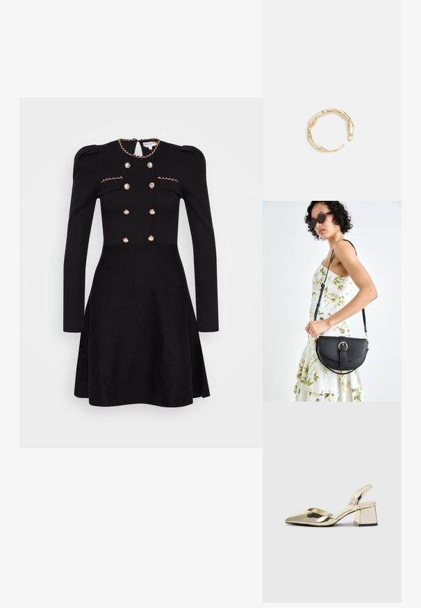 Crna haljina s dugim rukavima, dekorativni zlatni lanac na izrezu, dvostruko zatvaranje sprijeda s dugmadima presvučenim tkaninom i strukom koja je prilagođena.; Zlatni metalik slingback sandali s šiljatim vrhom i debelim potpeticama. Glatka tekstura, minimalistički dizajn i uski remen.; Crna kožna torba s lukovitim oblikom, odvojivim remenom i zlatnim detaljima. Torba ima preklop s kopčom.; Prsten u zlatnoj nijansi s organskim, uvijenim dizajnom, glatkom teksturom i suženim krajevima, koji stvara moderan, skulpturalni izgled.