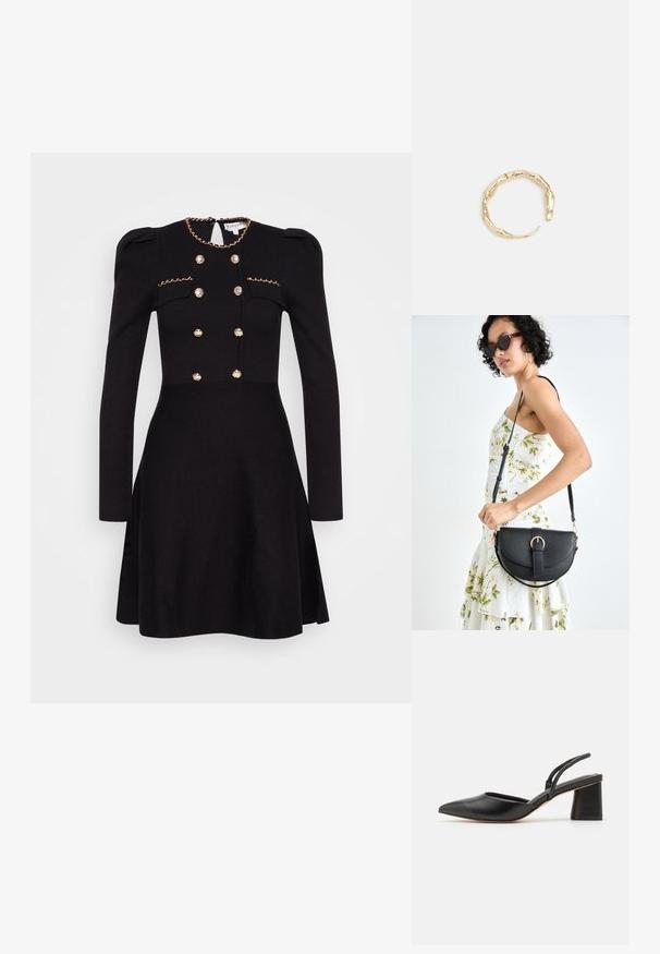 Schwarzes Kleid mit langen Ärmeln, dekorativer goldener Kette am Ausschnitt, doppelt geknöpfte Vorderseite mit mit Stoff überzogenen Knöpfen und tailliertem Schnitt.; Schwarzer Slingback-Schuh mit spitzer Zehenpartie aus glattem Leder, ausgestattet mit einem niedrigen Blockabsatz und dünnen Riemen auf der Rückseite für einen sicheren Sitz.; Schwarze Lederhandtasche mit geschwungener Form, abnehmbarem Tragegurt und goldenen Beschlägen. Die Tasche verfügt über einen Deckel mit einer Schnallen-Details.; Goldfarbener Ring mit einem organischen, gedrehten Design, glatter Oberfläche und sich verjüngenden Enden, was ein modernes, skulpturales Erscheinungsbild erzeugt.