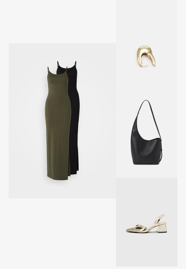 Na zdjęciu prezentowane są dwie maksymalne sukienki typu blend modal. Jedna jest oliwkowa z bocznym rozcięciem, a druga czarna, obie z cienkimi ramiączkami spaghetti.; Złote, metaliczne szpilki z boku z wydłużonym noskiem i grubym obcasem. Gładka faktura, minimalistyczny design i wąski pasek.; Czarna skórzana torba hobo o gładkiej fakturze, zaokrąglonym kształcie i pojedynczym, regulowanym pasku; posiada szerokie otwarcie na górze.; Złote metalowe kolczyki o eleganckim, zakrzywionym kształcie. Posiadają charakterystyczny szpiczasty kształt, polerowaną powierzchnię oraz zapięcie na zawias.