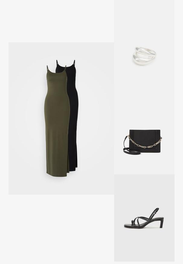 Kaks modalsegust maksi kleiti on välja pandud. Üks on oliivroheline külje lõhiku ja teine must, mõlemal on peened spagetirihmad.; Mustast rihmajalatsid ruudukujulise varba ja madala ploki kontsaga. Omab mitmeid õhukesi rihmasid ja reguleeritavat pahkluu rihma. Valmistatud siledast nahast.; Mustast nahast õlakott, mis omab siledat tekstuuri, ristküliku kuju ning esiküljel metallketi detaili. Reguleeritav rihm on kaasas.; Hõbedane kahekordne rõngas sujuva, poleeritud pinnaga. Omab voolavat, kõverat disaini, millel on kattuvad sektsioonid, et saavutada kaasaegne ilme.