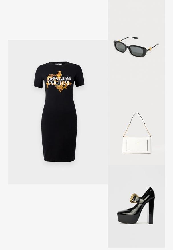 Vestido preto justo com mangas curtas, apresentando o logótipo em dourado e branco "VERSACE JEANS COUTURE" e padrões intricados em dourado na parte da frente.; Sapatos de salto alto em sintético preto com plataforma, apresentando um salto chunky. Inclui uma fivela decorativa dourada e um design de bico arredondado.; Óculos de sol retangulares pretos com lentes cinzas e detalhes em forma de cabeça de leão dourados nas hastes. Armação de plástico suave, design elegante.; Bolsa de mão branca em couro com acabamento texturizado, featuring a corrente dourada e detalhes pretos. Inclui um bolso frontal e fecho com zipper.