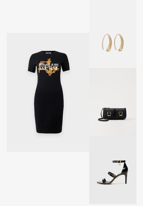 Fekete, testhezálló ruha rövid ujjakkal, a frontján arany és fehér "VERSACE JEANS COUTURE" logóval és bonyolult arany mintákkal.; Fekete lakk bőr szandál három pánttal, bokapánttal és 10 cm magasságú tűsarokkal. Arany színű részletekkel és logó charm-mal rendelkezik.; Fekete bőr keresztbody táska két elülső zsebbel, arany csattokkal, cipzáras záródással és vékony pánttal. Textúrált felület és kompakt téglalap alak.; Aranyszínű fémből készült karika fülbevalók ívelt, hosszúkás formával. Simaságával és fényes felületével, valamint lekerekített végével további részletekkel bővül.