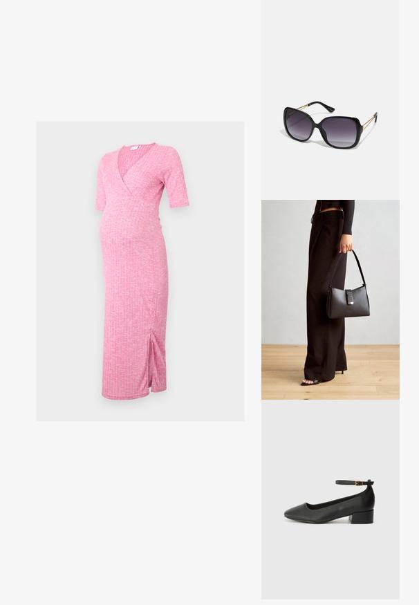 Ροζ μήτρας φόρεμα με ραβδώσεις, v-neck, κοντά μανίκια και δύο πλαϊνές σχισμές για ευκολία. Φτιαγμένο από μαλακό, ελαστικό ύφασμα για άνεση.; Μαύρο δερμάτινο τακούνι με μυτερή μύτη και χαμηλό τετράγωνο τακούνι. Διαθέτει λουράκι στον αστράγαλο με χρυσό τόνο πόρπη. Λείο υφή.; Μαύρα υπερμεγέθη γυαλιά ηλίου με κλειστή βαθμίδα φακού, παχιά σκελέτη και λεπτομέρειες από χρυσή αλυσίδα στις βραχίονες του σκελετού.; Μαύρη τσάντα χειρός με δομημένο σχήμα, λεία υφή και μεταλλικό κούμπωμα. Συνδυασμένη με φαρδιά μαύρα παντελόνια και σανδάλια ανοιχτής μύτης πάνω σε ξύλινο πάτωμα.