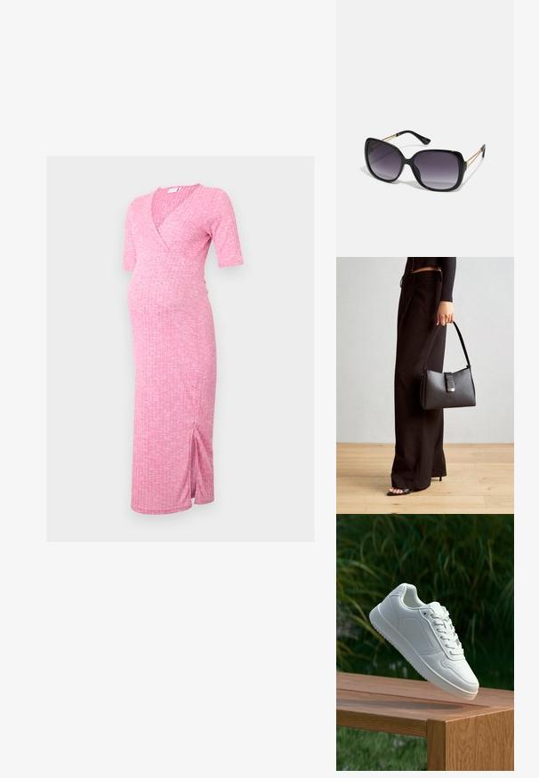 Roza rebrasta trudnoćni haljina s V izrezom, kratkim rukavima i dva bočna proreza za lakoću. Izrađena od mekanog, rastezljivog materijala za udobnost.; Bijela tenisica sa glatkim sintetičkim gornjim dijelom, perforiranim prednjim dijelom, ravnim vezicama i teksturiranom potplatom, prikazana na drvenoj površini.; Crne prevelike sunčane naočale s gradijentnim lećama, debelim okvirom i zlatnim lancem kao detaljem na krakovima.; Crna torba s oblikom koji sadrži strukturu, glađu teksturu i metalnu kopču. Uparena s širokim crnim hlačama i sandalama na otvorenom s drvenog poda.