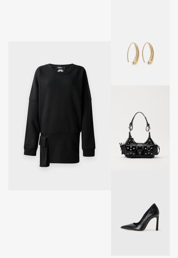Črna jopica iz mehkega, gladkega materiala. Ima okroglo ovratnik, dolge rokave in stranski detalj z embosiranim logotipom.; Črne čevlje z visoko peto in konico v obliki puščice, z teksturo krokodilje kože, ki se ponašajo s sleek oblikovanjem, visokim stiletto peto in gladkim črnim notranjostjo.; Črna usnjena torbica s ukrivljenim dizajnom, ki vsebuje srebrne žebljičke, zaponko in dve stranski žepki. Nastavljiv trak za različne možnosti nošenja.; Zlato-tonirani kovinski uhani v obliki obroča s krivuljo in podolgovato obliko. Imajo gladko, sijočo površino in zaobljen vrh za dodaten detajl.