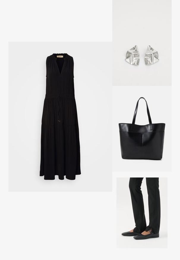 Mustamata ilma varrukat maxi kleit V-dekoltee, kogutud kaelusega, elastse vöökohaga ja kihilise seeliku osaga. Pehme kangas sileda tekstuuriga.; Mustadast mustast nahast balletkingad terava ninaga, millel on rihm hõbedase klambriga, kokku sobitatud mustade ülikondpükstega, millel on lõhiku serv.; Must mustaga musta nahast, millel on kaks pikka kanda, sile tekstuur ja struktureeritud kuju. Esipoolsel on lisakoti jaoks tasku.; Hõbedased metallkõrvarõngad lainelise, skulpturaalse disainiga, millel on poleeritud viimistlus ja ebaregulaarsed kujundid, rõhutades kaasaegset esteetikat.