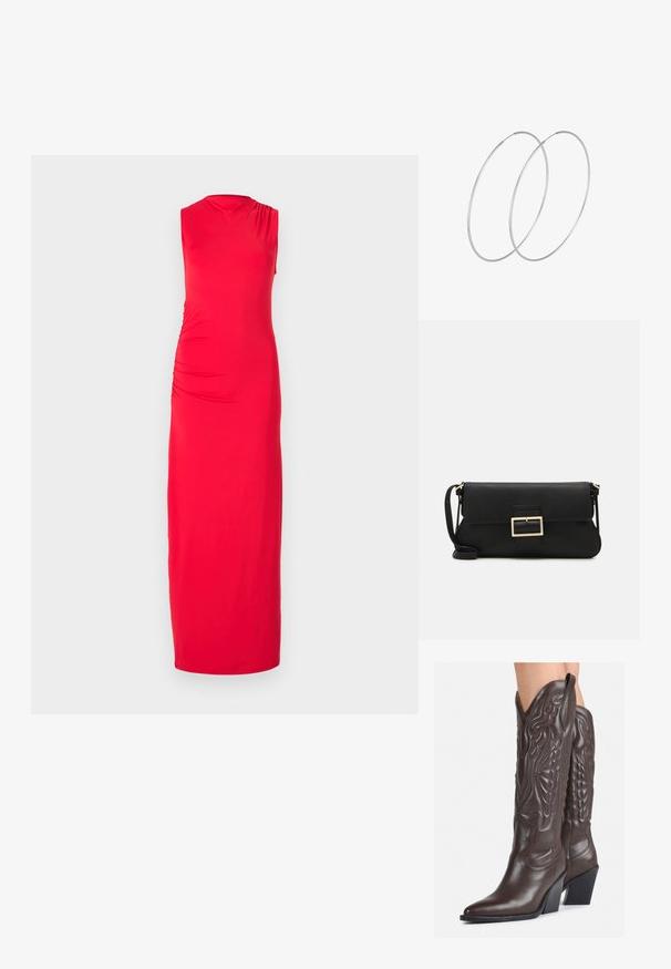 Punaisen, hihattoman, lattiaan asti ulottuvan mekon sivusaumassa on kerätty yksityiskohta. Se on valmistettu sileästä, joustavasta kankaasta ja siinä on tiukka siluetti.; Ruske nahkasaappaat, joissa on terävä kärki ja laatikkokorko, varustettu yksityiskohtaisella ompelulla ja kohotetuilla yksityiskohdilla varsiosassa.; Musta nahkainen kynäpenkkilaukku, jossa on läppä ja kultainen metallinen solkiyksityiskohta. Mukana musta hihna ja tyylikäs, minimalistinen muotoilu.; Hopehope hopeilla, joissa on minimalistinen muotoilu. Pyöreä muoto, sileä pinta ja ohut profiili. Kevyet ja kiillotetut.