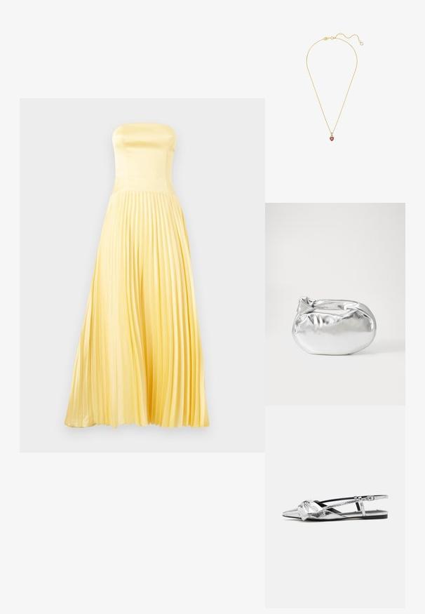 Sukienka maxi bez ramiączek w jasnym żółtym satynie. Posiada dopasowaną górę i plisowaną spódnicę. Gładka faktura z płynącą sylwetką.; Srebrne metaliczne płaskie buty na pasku z szpiczastym noskiem, z detalem w formie węzła z przodu oraz regulowanym paskiem zapewniającym pewne dopasowanie.; Srebrna metaliczna torba worek o miękkim, zaokrąglonym kształcie i zawiązywanym z góry zapięciem. Wykonana z gładkiego materiału imitującego skórę.; Złoty naszyjnik z łańcuszka z sercowym wisiorkiem, w którym znajduje się czerwony kamień szlachetny otoczony srebrnym akcentem. Regulowana długość.