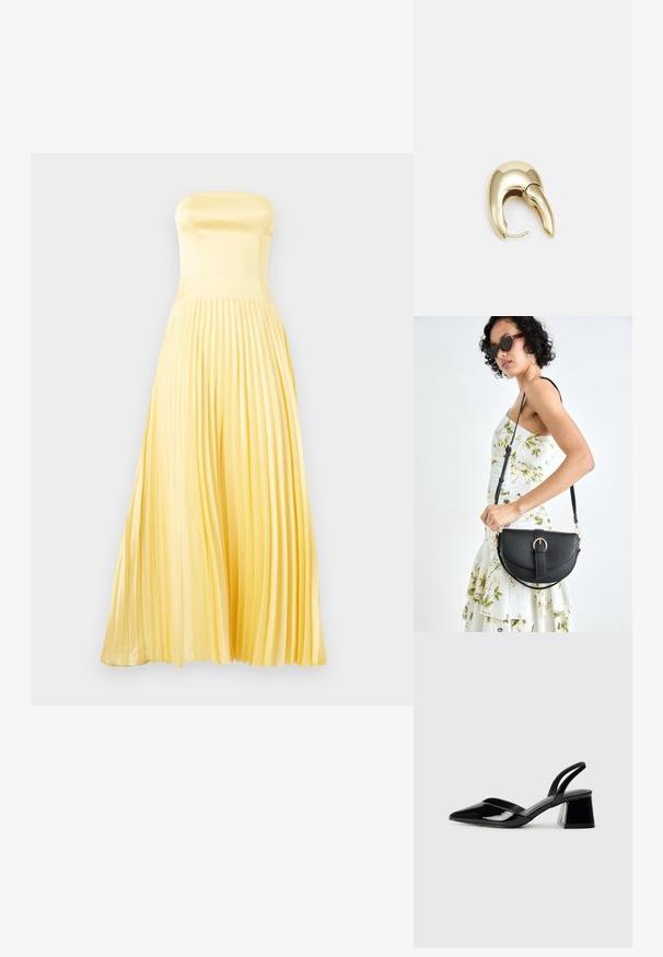 Robe maxi sans bretelles en satin jaune clair. Présente un corsage ajusté et une jupe plissée. Texture lisse avec une silhouette fluide.; Escarpins en cuir verni noir avec bout pointu et talon bloc géométrique. Présente un design élégant et minimaliste ainsi qu'une texture lisse.; Sac à main en cuir noir avec une forme courbée, bandoulière amovible et des accessoires en or. Le sac est doté d'un rabat avec un détail de boucle.; Boucle d'oreille en métal doré avec un design élégant et courbé. Présente une forme conique distinctive, une surface polie et une fermeture à charnière.