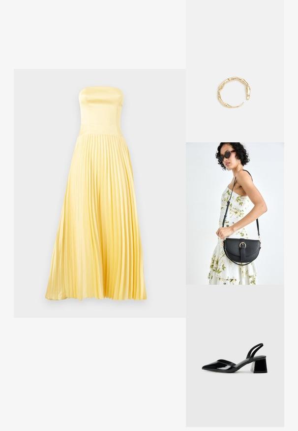 Strapless maxi dress in light yellow satin. Features a fitted bodice and pleated skirt. Smooth texture with a flowing silhouette.; Black patent leather slingback heels with a pointed toe and a geometric block heel. Features a sleek, minimal design and smooth texture.; Black leather handbag with a curved shape, detachable strap, and gold hardware. The bag features a flap with a buckle detail.; Gold-tone ring featuring an organic, twisted design with smooth texture and tapered ends, creating a modern, sculptural appearance.