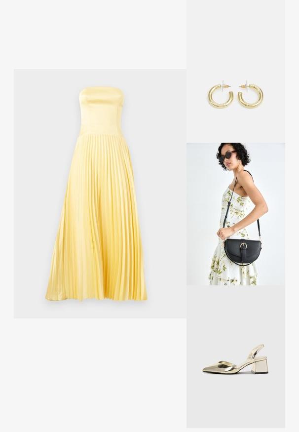 Váll nélküli maxiruha világos sárga selyemből. Fitt bodice-szel és pliszírozott szoknyával rendelkezik. Sima textúra, folyékony sziluettel.; Arany, fémből készült slingback sarkú cipők hegyes orral és vastag sarokkal. Simaság, minimalista design és keskeny pánt jellemzi.; Fekete bőrtáska ívelt formával, levehető pánttal és arany színű fémrészekkel. A táskán egy csattal díszített fedél található.; Arany fülbevalók sima, fényes felülettel. Kör alakú dizájn, amely kis kapoccsal és átlátszó tartozékkal rendelkezik a biztonságos viselés érdekében.