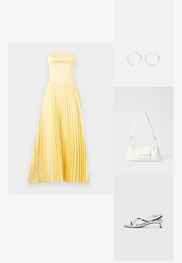 Váll nélküli maxiruha világos sárga selyemből. Fitt bodice-szel és pliszírozott szoknyával rendelkezik. Sima textúra, folyékony sziluettel.; Ezüst színű fémes slingback szandál alacsony sarokkal, keresztezett pántokkal és sima felülettel. Minimalista dizájn.; Fehér szintetikus kézitáska, háromszög alakú, lapos előlap, masni részlettel, állítható pánttal, sima textúrával és minimalista dizájnnal.; Ezüst karika fülbevalók, letisztult, kerek formával, sima felülettel és látható díszítés nélkül. A átmérő nem megadott.
