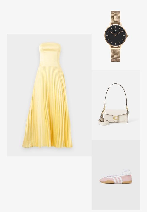 Strapless maxi dress in light yellow satin. Features a fitted bodice and pleated skirt. Smooth texture with a flowing silhouette.; adidas Originals TAEKWONDO MEI BALLET - Trainers - clear pink/ftwr white/gum; Cream leather handbag with a structured design, contrasting black edges, gold hardware, and a detachable strap featuring a signature logo.; Gold mesh band watch by Daniel Wellington with a round black dial, gold hour markers, and logo at 12 o’clock. Simple, elegant design.