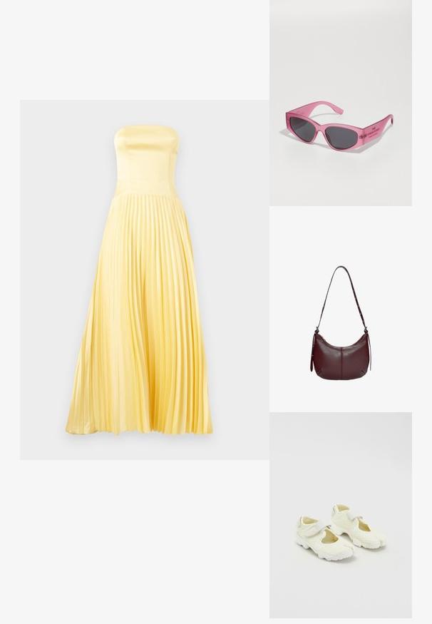 Robe maxi sans bretelles en satin jaune clair. Présente un corsage ajusté et une jupe plissée. Texture lisse avec une silhouette fluide.; Baskets blanches en mesh avec un design structuré, présentant une sangle Velcro et des côtés découpés, un tissu texturé et une semelle épaisse.; Lunettes de soleil transparentes roses avec une forme angulaire et en œil de chat, verres teintés foncés, et texte en relief sur la branche indiquant "LES LUNETTES DE SOLEIL."; Sac hobo en cuir bordeaux avec une silhouette incurvée, fermeture éclair et une bandoulière dotée de détails en métal argenté.