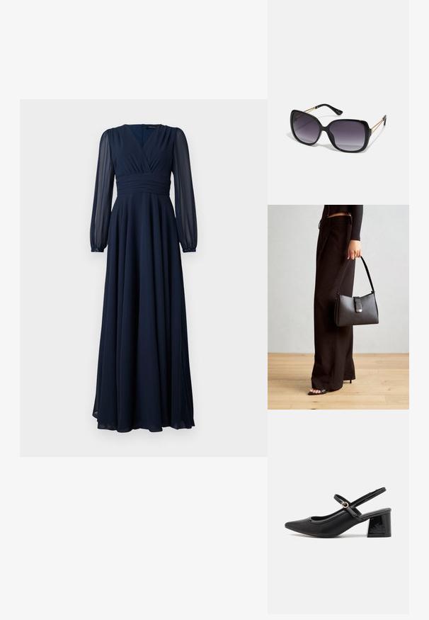 Pitkä tummansininen mekko, jossa on V-pääntie, kerrostettu vyötärö ja läpikuultavat pitkät hihat. Valmistettu kevyestä kankaasta, jolla on virtaava siluetti.; Musta lakattu nahka slingback-korkokengät, joissa on terävä kärki, pyöreä aukko-muotoilu ja lohkokorko. Varustettu kultasävyisellä solkiyksityiskohdalla.; Mustat ylisuurten kehysten aurinkolasit, joissa on liukuväri-linssit, paksut kehykset ja kultasävyiset ketjustuskoristeet temppeleissä.; Musta käsilaukku, jossa on rakenteellinen muoto, sileä pinta ja metallinen solki. Yhdistetty leveisiin mustiin housuihin ja avonaiheisiin sandaaleihin puulattialla.