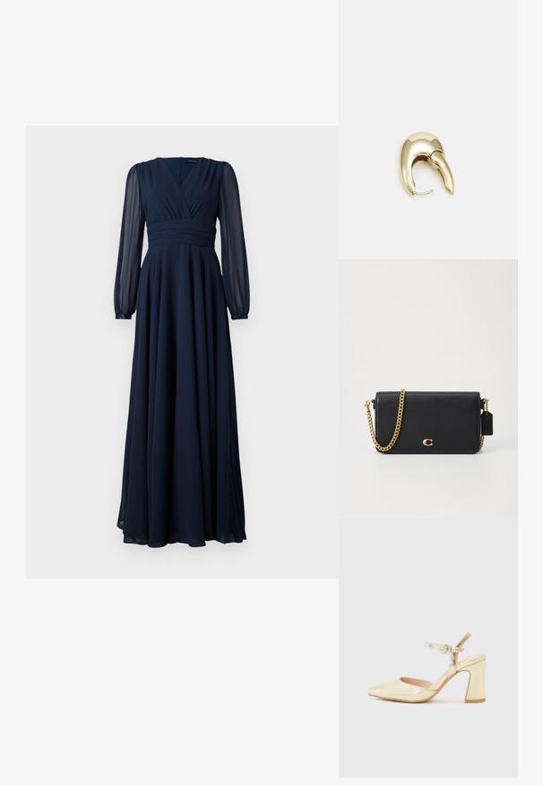 Long navy dress featuring a v-neckline, gathered waist, and sheer long sleeves. Made from lightweight fabric with a flowing silhouette.; Gold metallic heeled shoe with a pointed toe, an ankle strap featuring a circular clasp, and a chunky heel design. Smooth texture.; Black leather crossbody bag with a textured surface, gold chain strap, and a small tag. Features a prominent logo on the front.; Gold-tone metal earring with a sleek, curved design. Features a distinctive pointed shape, polished surface, and hinge closure.