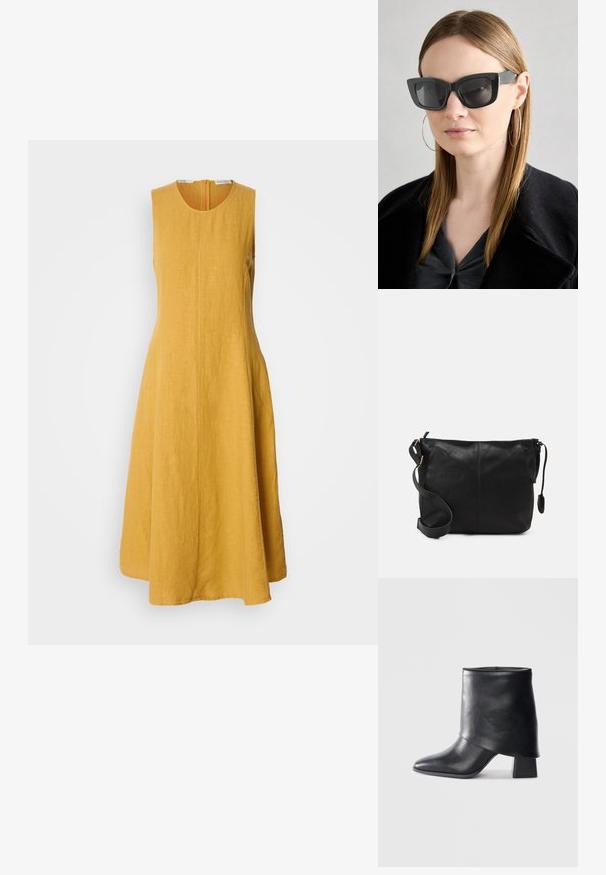 Vestido amarelo de linho sem mangas com decote redondo, silhueta em A com cortes amplos e fecho de correr oculto nas costas; tecido texturizado com um acabamento suave.; Bota de tornozelo em couro preto com bico afilado, textura suave e um salto bloco estruturado. Apresenta um design de cano alto e dobrado.; Óculos de sol pretos em formato de gato com lentes escuras, armações grossas e acentos subtis. Usados com um casaco preto e uma blusa cinza, apresentando cabelo longo e liso.; Mala de ombro em couro preto com forma plana, detalhes em metal dourado e alça ajustável. Textura suave com detalhes de costura mínimos.