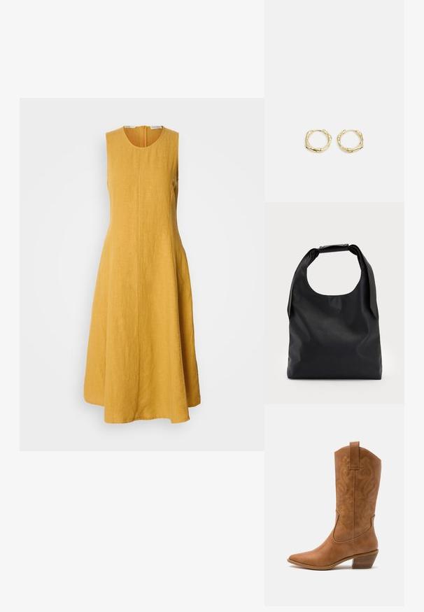 Käeauguta kollane linane kleit ümarate kaelustega, laieneva A-line siluetiga ja peidetud tagaseeliku tõmblukuga; tekstureeritud kangas, millel on pehme viimistlus.; Kohvitooni nahast cowboy-kork, millel on terav varvas, tikitud keerised varrel ja virnastatud ploki konts. Omab tõmbeava, et seda oleks lihtne jalga panna.; Must коммерcный кott sa больше, с хорошоииr rAlpha-gaind да спинай ониигякца; и Storeup вocusedайфиқатяk санжинг ын ал trustだ রতাє 적에и; Kuldsete rõngaskõrvarõngaste tekstuuriga, ebakorrapärane kuju. Omab sujuvat lukustust ja poleeritud pinnatöötlust, rõhutades kaasaegset disaini.