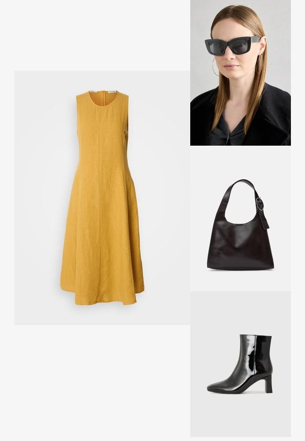 Vestido amarelo de linho sem mangas com decote redondo, silhueta em A com cortes amplos e fecho de correr oculto nas costas; tecido texturizado com um acabamento suave.; Botim de tornozelo em pele sintética preta com bico apontado e salto bloco de altura média. Textura suave e design minimalista.; Óculos de sol pretos em formato de gato com lentes escuras, armações grossas e acentos subtis. Usados com um casaco preto e uma blusa cinza, apresentando cabelo longo e liso.; Bolsa de ombro em pele castanha com uma textura suave, forma arredondada, alça larga e um detalhe metálico circular na pega.