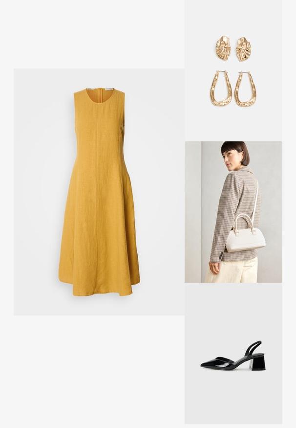 Vestido amarelo de linho sem mangas com decote redondo, silhueta em A com cortes amplos e fecho de correr oculto nas costas; tecido texturizado com um acabamento suave.; Sandy em verniz preto com salto slingback, ponta afilada e salto geométrico. Apresenta um design elegante e minimalista com textura suave.; Bolsa estruturada branca com alças curtas e uma alça de ombro, com detalhes em hardware dourado e material texturizado, exibida contra um fundo cinza.; Brincos em tom de ouro com formas onduladas e texturizadas. Inclui studs escultóricos com presilha e um design de argola aberta com um acabamento martelado.