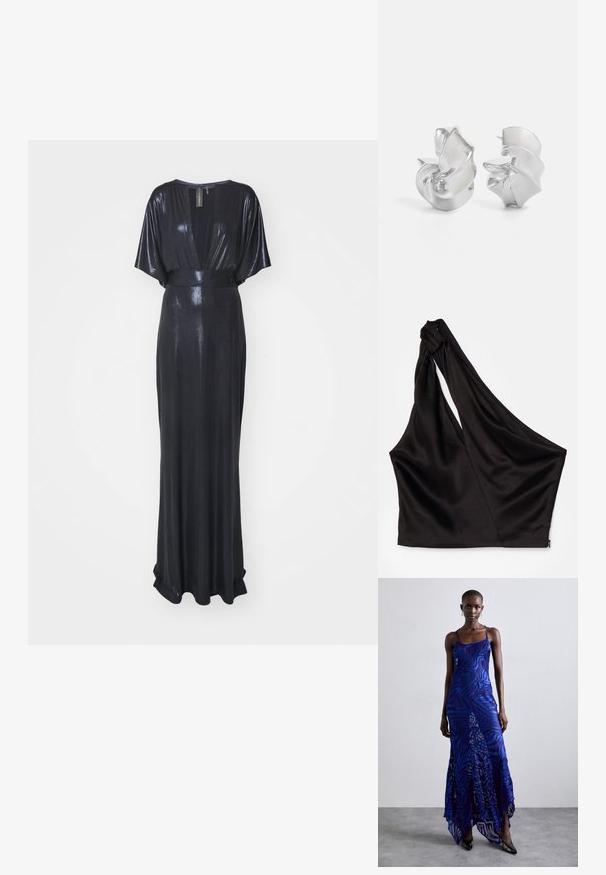 Norma Kamali OBIE GOWN - Džersejové šaty - true navy; Asymetrický čierny saténový top s jedným ramienkom, ktorý má drapériu a bočné zapínanie na zips. Mäkka textúra.; Maxi šaty s potlačou zvieracích vzorov v modrej a fialovej farbe, s tenkými ramienkami, priliehavým telom, rozšíreným lemom a priesvitnými detailmi.; Strieborné náušnice s plynulým, špirálovým dizajnom. Hladký povrch s lešteným finišom. Majú jemný lesk a žiadne viditeľné ozdoby.